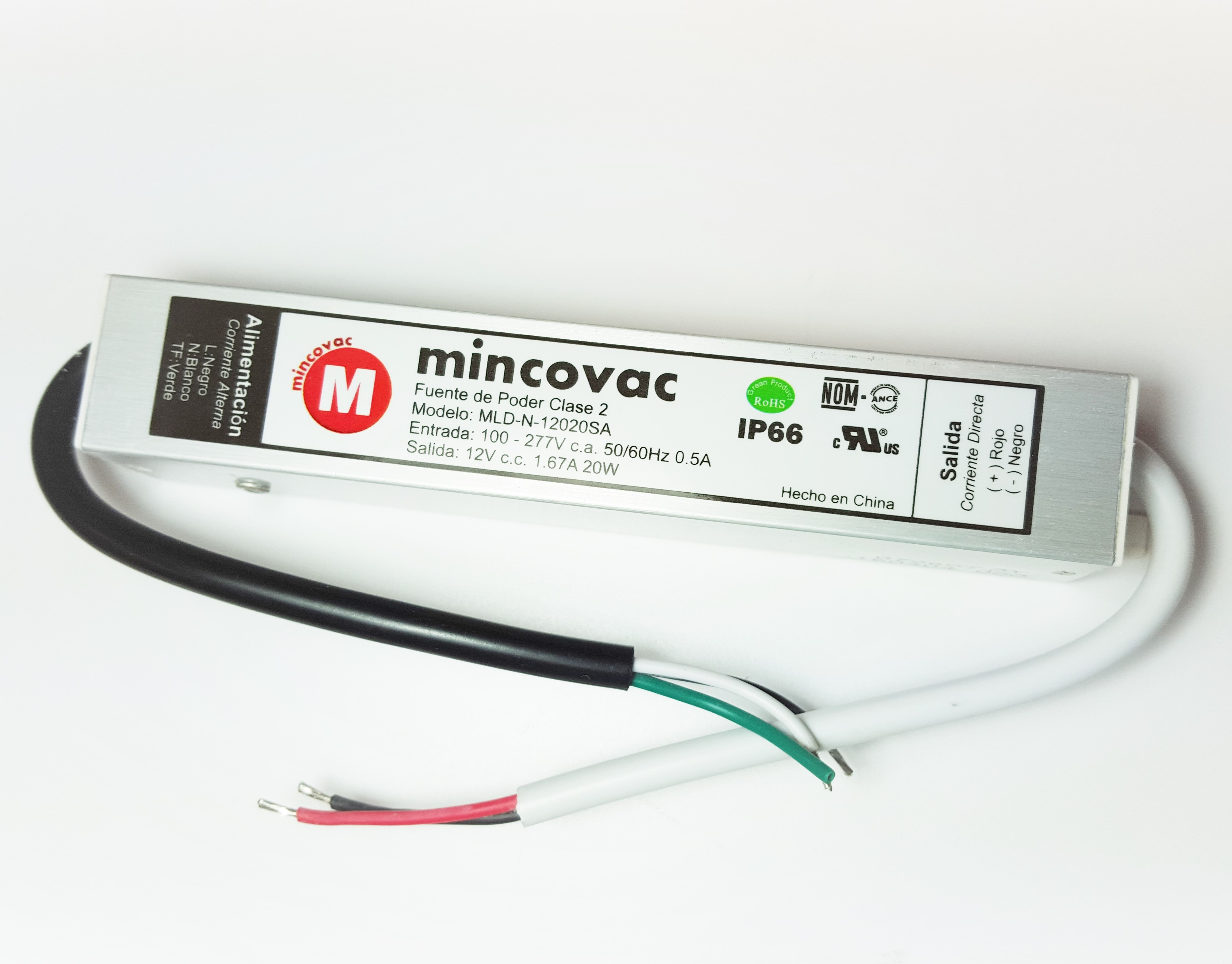 Fuente de poder LED de voltaje constante 12V, con etiqueta de certificación UL visible en la carcasa