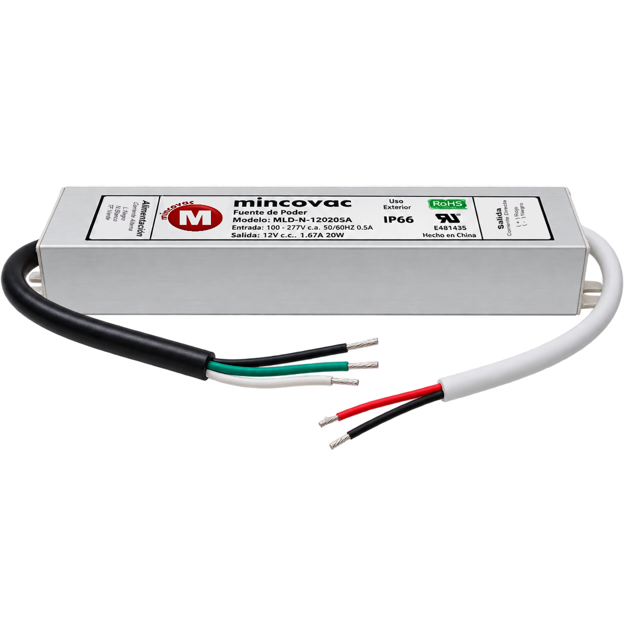 Fuente de poder LED de voltaje constante 12V, con etiqueta de certificación UL visible en la carcasa