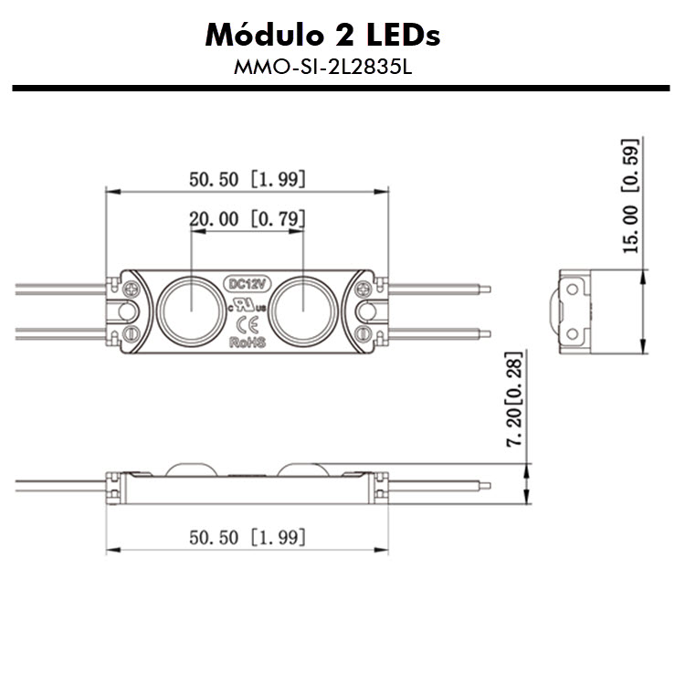 Diagrama dimensional Módulo LED 12V 2 LEDs MMO-SI-2L2835L-CW