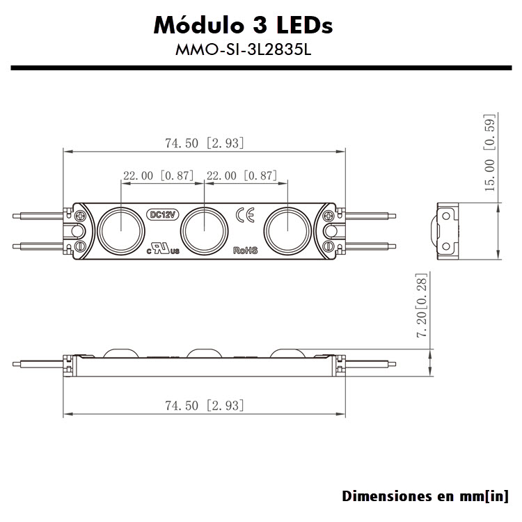 Diagrama dimensional Módulo LED 12V 3 LEDs MMO-SI-3L2835L-CW