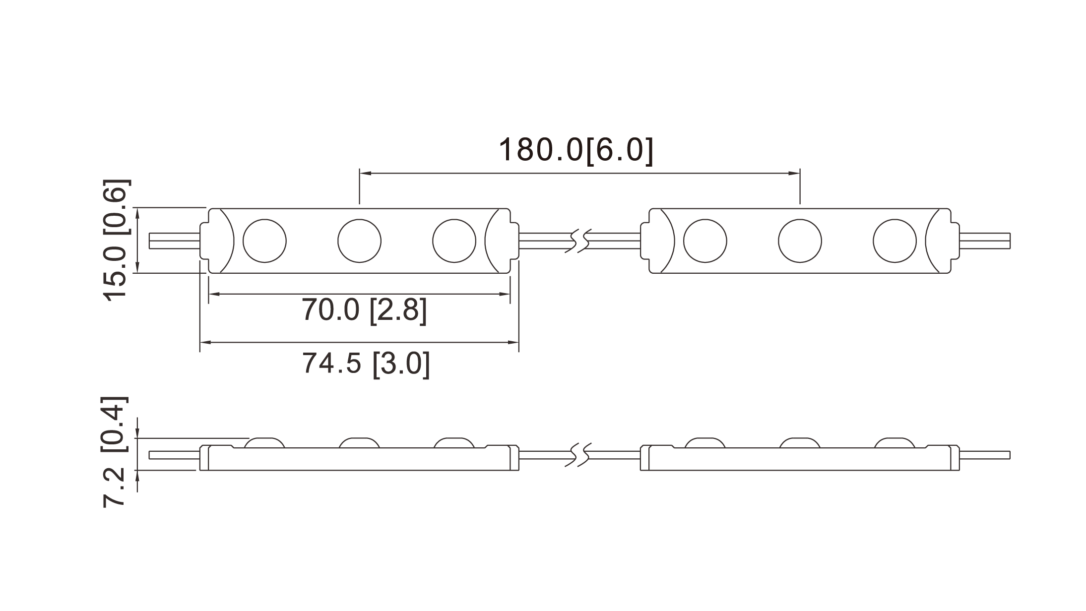 Módulo LED 12V 3 LEDs MMO-SI-3L2835L-CW - cadena de módulos conectados
